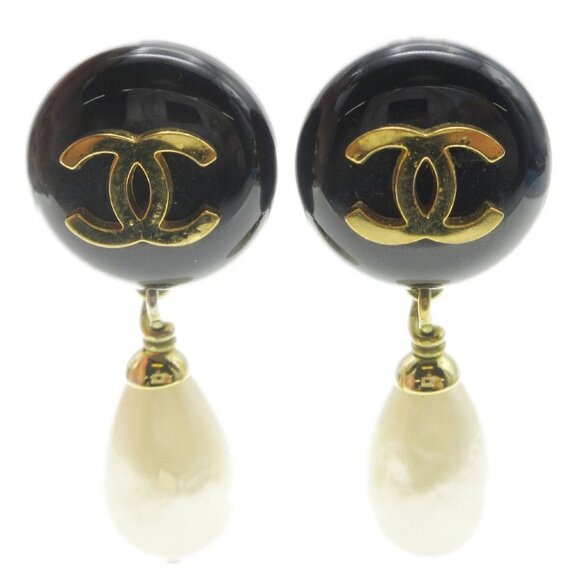 Chanel Artificial Pearl Dangle Earrings Clip-On Black 94A 19015 - Picture 1 of 6